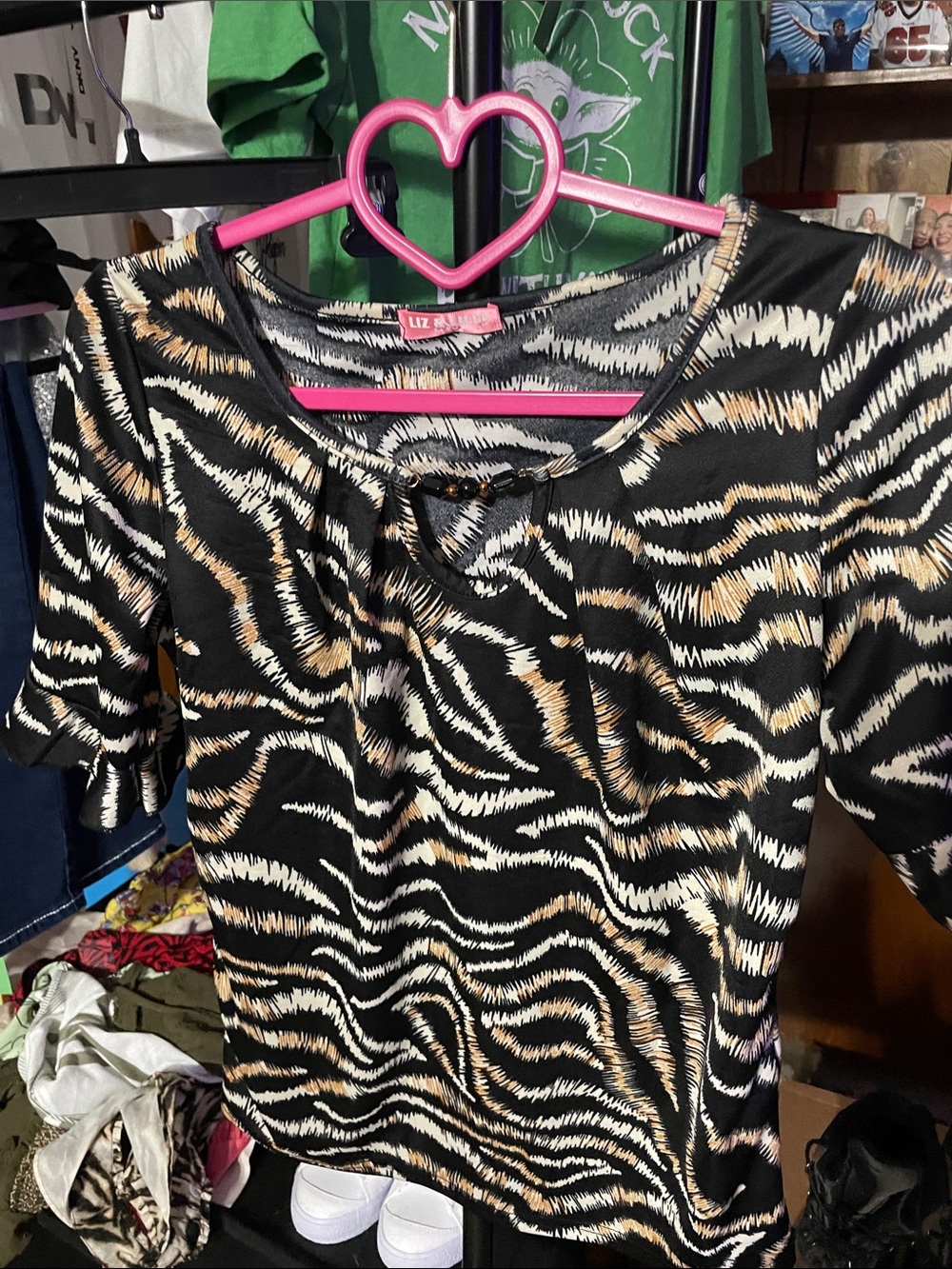 Liz Claiborne Black Zebra-Print Short Sleeve Blouse